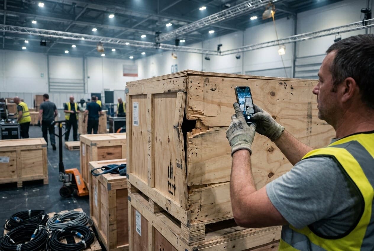 A worker photographing a damaged crate on a trade show floor